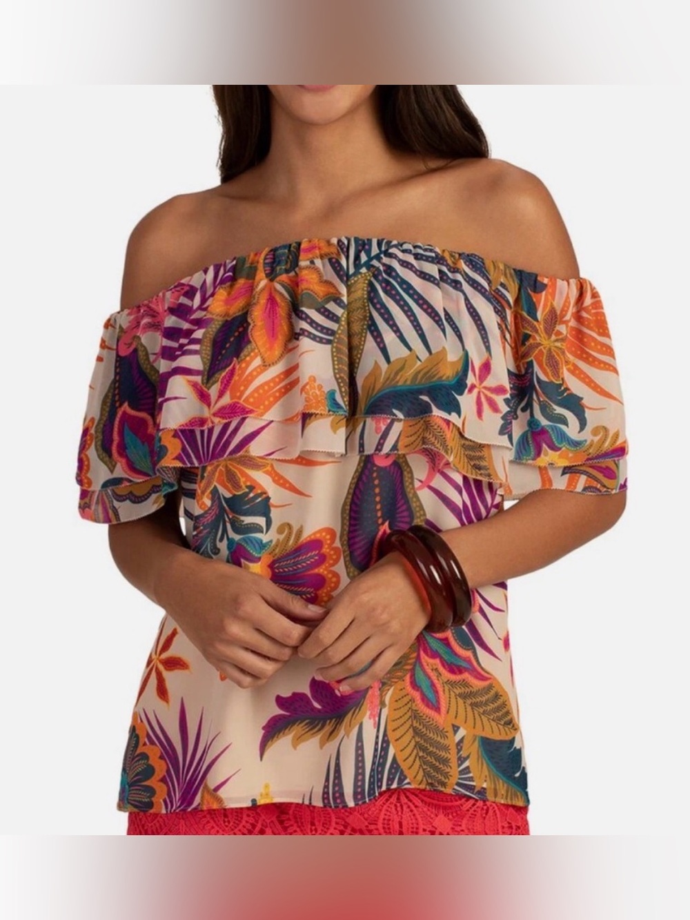 Trina Turk Agua Caliente 2 ruffle off shoulder tropical floral resortwear top S